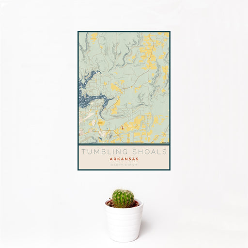 12x18 Tumbling Shoals Arkansas Map Print Portrait Orientation in Woodblock Style With Small Cactus Plant in White Planter