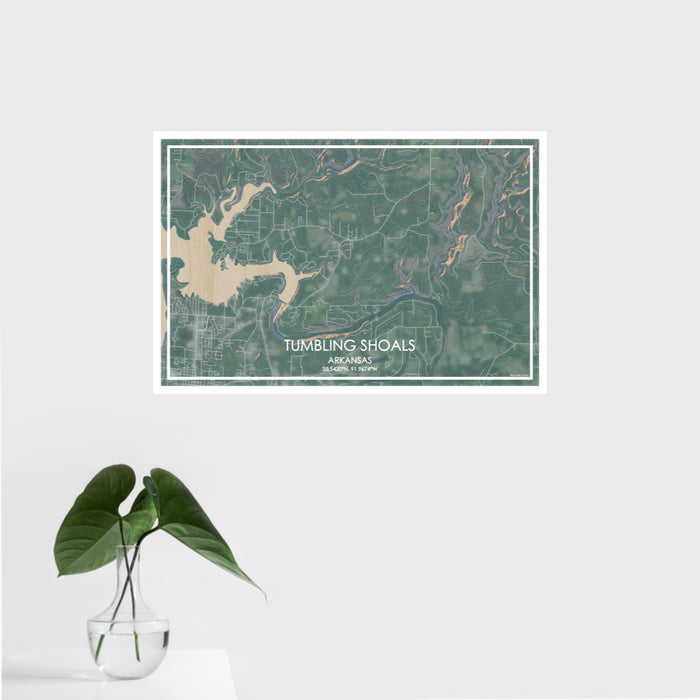 16x24 Tumbling Shoals Arkansas Map Print Landscape Orientation in Afternoon Style With Tropical Plant Leaves in Water