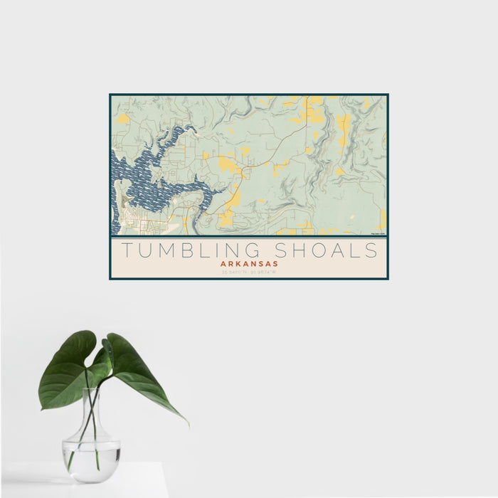 16x24 Tumbling Shoals Arkansas Map Print Landscape Orientation in Woodblock Style With Tropical Plant Leaves in Water