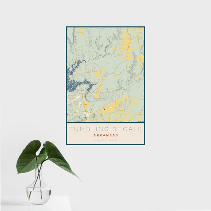 16x24 Tumbling Shoals Arkansas Map Print Portrait Orientation in Woodblock Style With Tropical Plant Leaves in Water