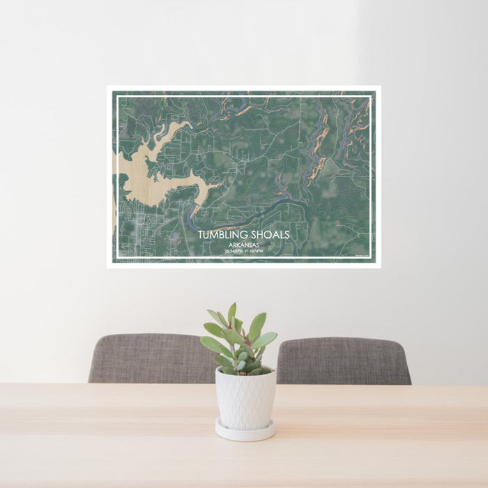 24x36 Tumbling Shoals Arkansas Map Print Lanscape Orientation in Afternoon Style Behind 2 Chairs Table and Potted Plant