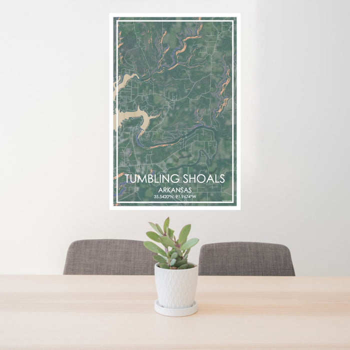 24x36 Tumbling Shoals Arkansas Map Print Portrait Orientation in Afternoon Style Behind 2 Chairs Table and Potted Plant