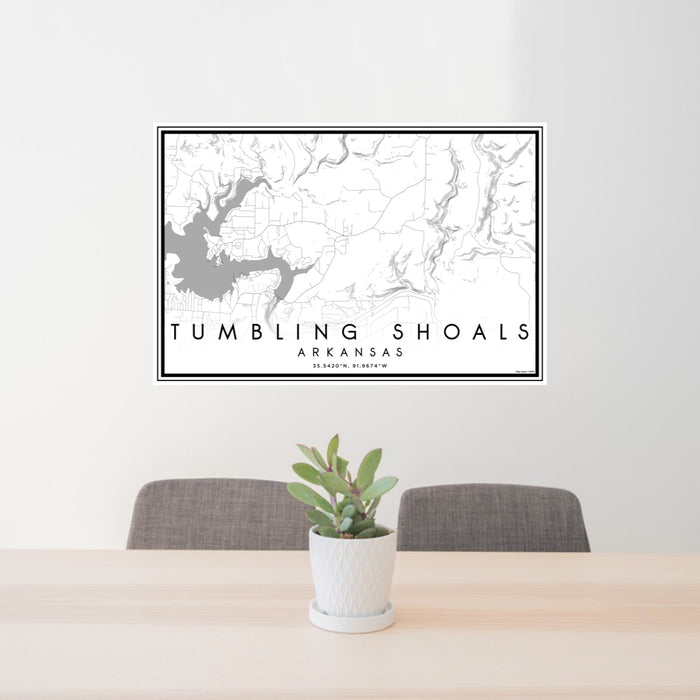 24x36 Tumbling Shoals Arkansas Map Print Lanscape Orientation in Classic Style Behind 2 Chairs Table and Potted Plant