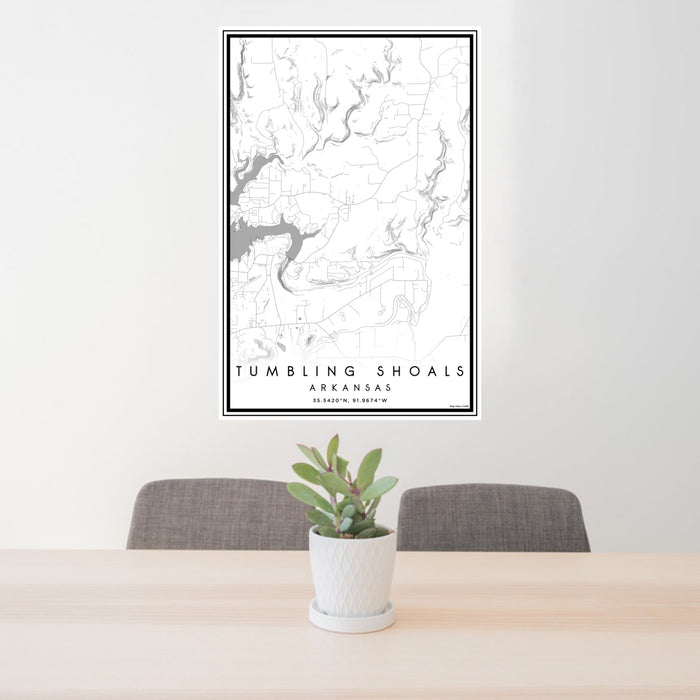 24x36 Tumbling Shoals Arkansas Map Print Portrait Orientation in Classic Style Behind 2 Chairs Table and Potted Plant