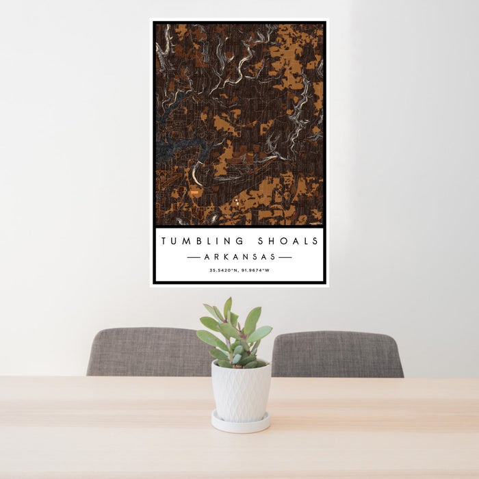 24x36 Tumbling Shoals Arkansas Map Print Portrait Orientation in Ember Style Behind 2 Chairs Table and Potted Plant