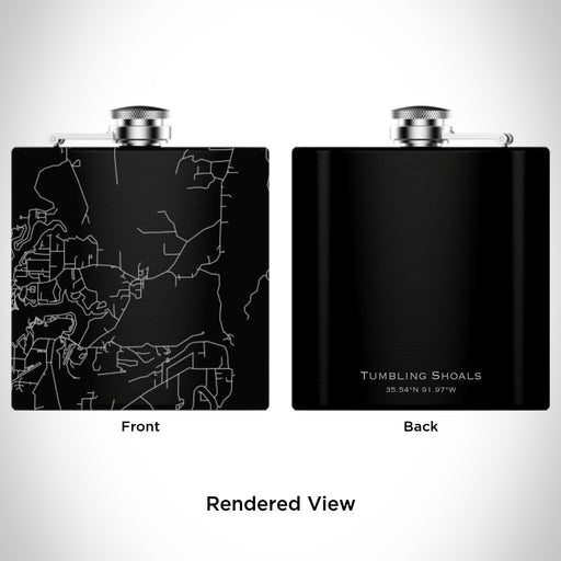 Rendered View of Tumbling Shoals Arkansas Map Engraving on 6oz Stainless Steel Flask in Black