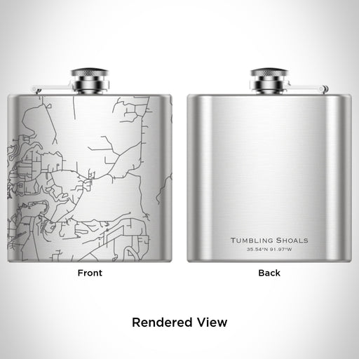 Rendered View of Tumbling Shoals Arkansas Map Engraving on 6oz Stainless Steel Flask