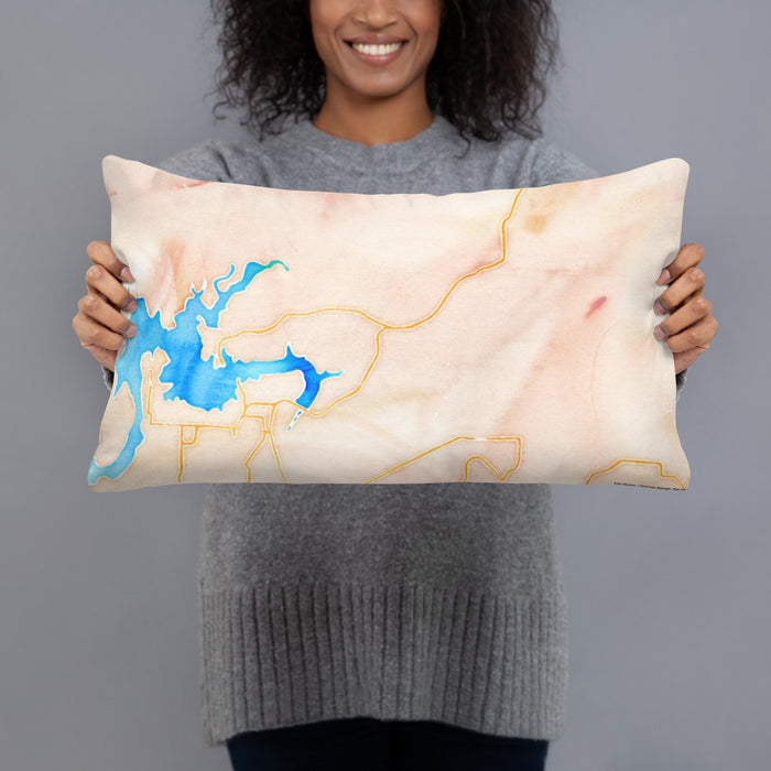 Person holding 20x12 Custom Tumbling Shoals Arkansas Map Throw Pillow in Watercolor