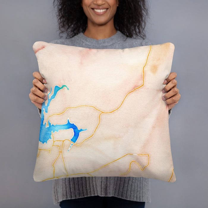 Person holding 18x18 Custom Tumbling Shoals Arkansas Map Throw Pillow in Watercolor
