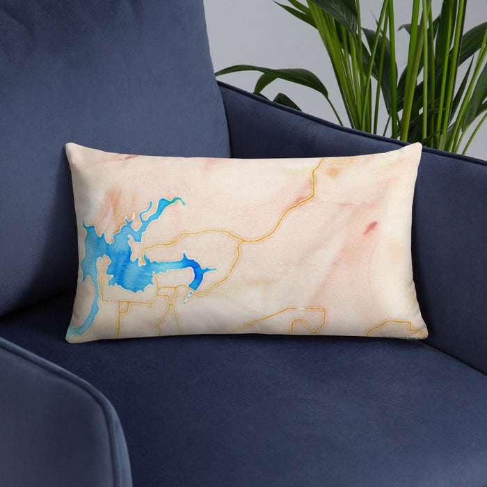 Custom Tumbling Shoals Arkansas Map Throw Pillow in Watercolor on Blue Colored Chair