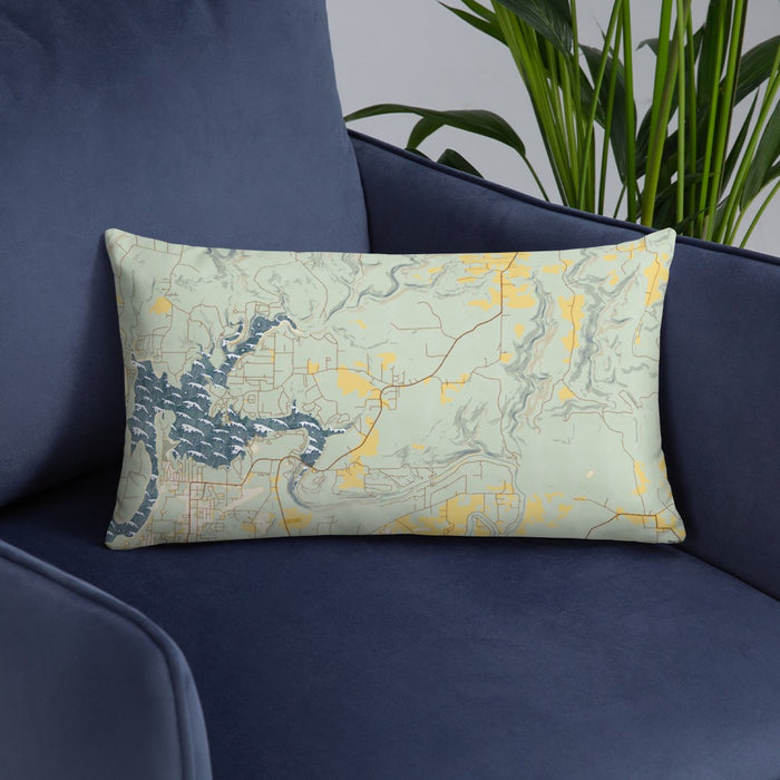 Custom Tumbling Shoals Arkansas Map Throw Pillow in Woodblock on Blue Colored Chair