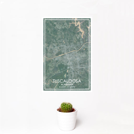 12x18 Tuscaloosa Alabama Map Print Portrait Orientation in Afternoon Style With Small Cactus Plant in White Planter