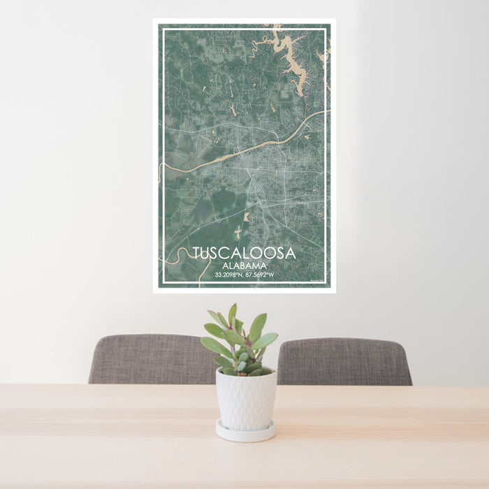 24x36 Tuscaloosa Alabama Map Print Portrait Orientation in Afternoon Style Behind 2 Chairs Table and Potted Plant