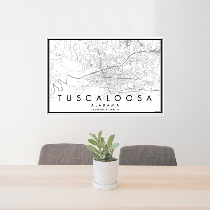 24x36 Tuscaloosa Alabama Map Print Landscape Orientation in Classic Style Behind 2 Chairs Table and Potted Plant