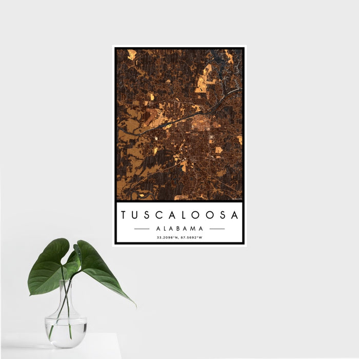 16x24 Tuscaloosa Alabama Map Print Portrait Orientation in Ember Style With Tropical Plant Leaves in Water