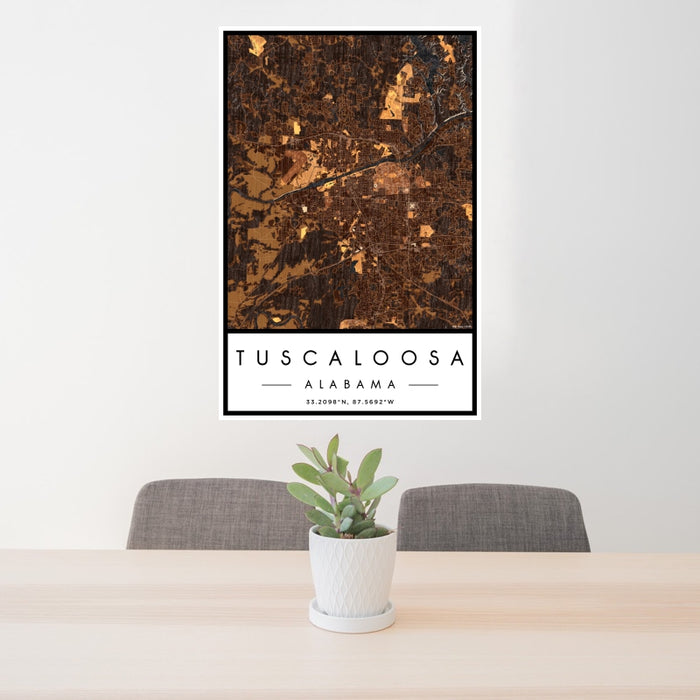 24x36 Tuscaloosa Alabama Map Print Portrait Orientation in Ember Style Behind 2 Chairs Table and Potted Plant