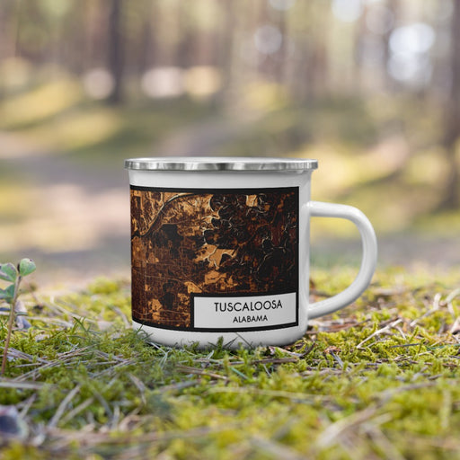 Right View Custom Tuscaloosa Alabama Map Enamel Mug in Ember on Grass With Trees in Background