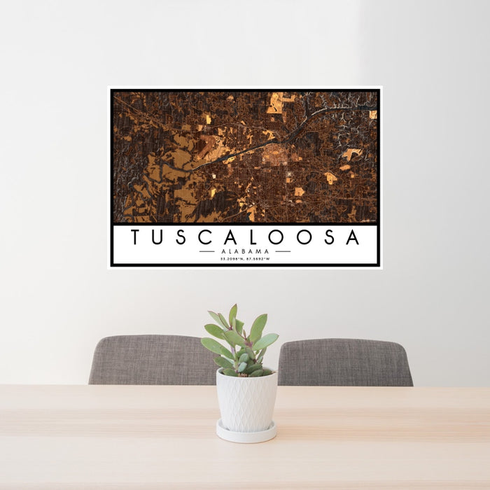 24x36 Tuscaloosa Alabama Map Print Landscape Orientation in Ember Style Behind 2 Chairs Table and Potted Plant