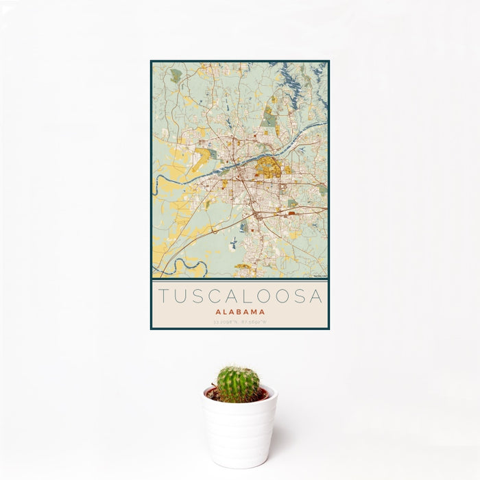 12x18 Tuscaloosa Alabama Map Print Portrait Orientation in Woodblock Style With Small Cactus Plant in White Planter