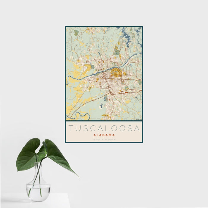 16x24 Tuscaloosa Alabama Map Print Portrait Orientation in Woodblock Style With Tropical Plant Leaves in Water