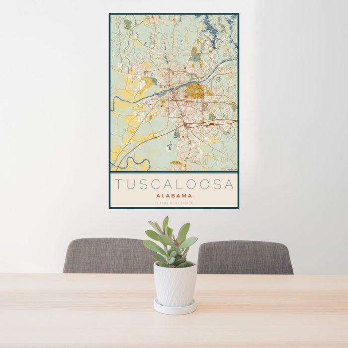 24x36 Tuscaloosa Alabama Map Print Portrait Orientation in Woodblock Style Behind 2 Chairs Table and Potted Plant
