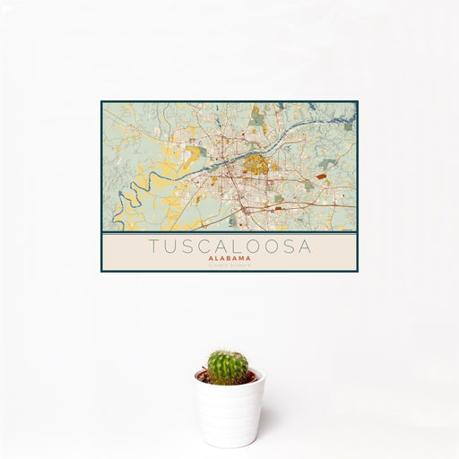 12x18 Tuscaloosa Alabama Map Print Landscape Orientation in Woodblock Style With Small Cactus Plant in White Planter