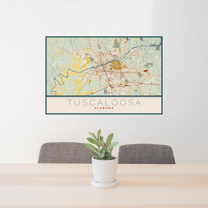 24x36 Tuscaloosa Alabama Map Print Landscape Orientation in Woodblock Style Behind 2 Chairs Table and Potted Plant