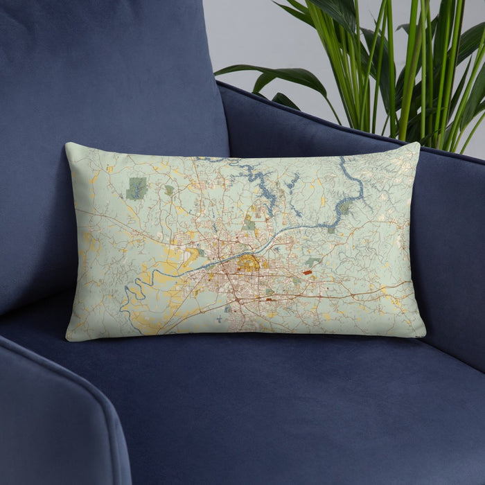 Custom Tuscaloosa Alabama Map Throw Pillow in Woodblock on Blue Colored Chair