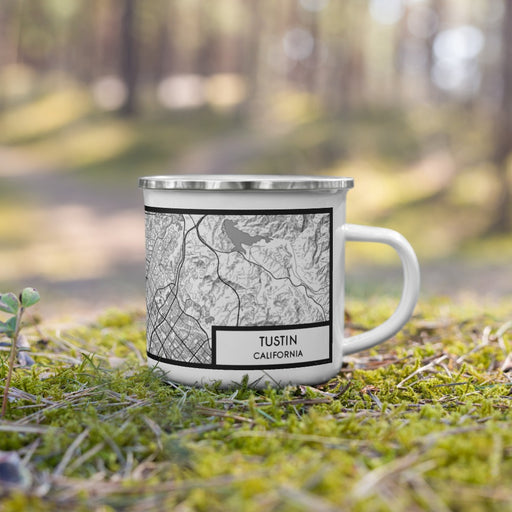 Right View Custom Tustin California Map Enamel Mug in Classic on Grass With Trees in Background