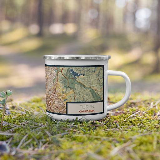 Right View Custom Tustin California Map Enamel Mug in Woodblock on Grass With Trees in Background