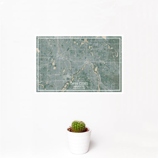 12x18 Twin Cities Minnesota Map Print Landscape Orientation in Afternoon Style With Small Cactus Plant in White Planter
