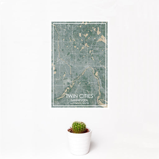 12x18 Twin Cities Minnesota Map Print Portrait Orientation in Afternoon Style With Small Cactus Plant in White Planter