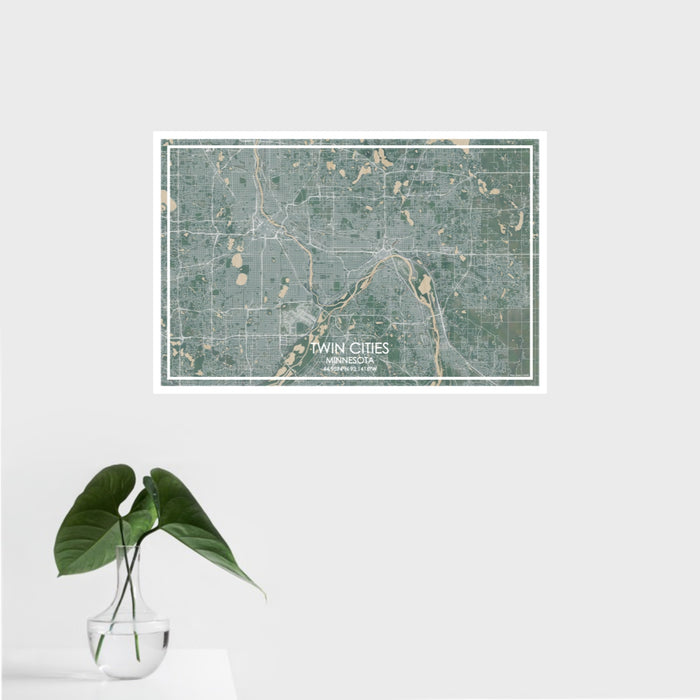 16x24 Twin Cities Minnesota Map Print Landscape Orientation in Afternoon Style With Tropical Plant Leaves in Water
