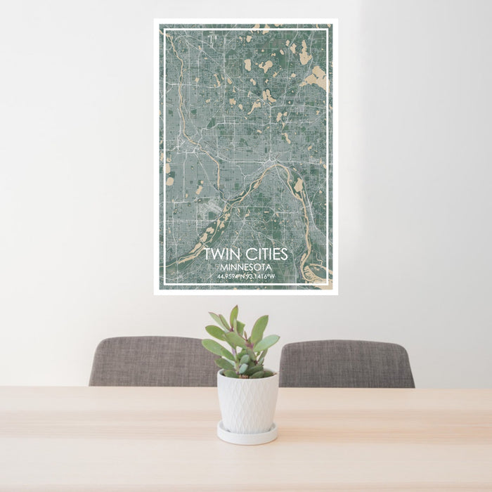 24x36 Twin Cities Minnesota Map Print Portrait Orientation in Afternoon Style Behind 2 Chairs Table and Potted Plant