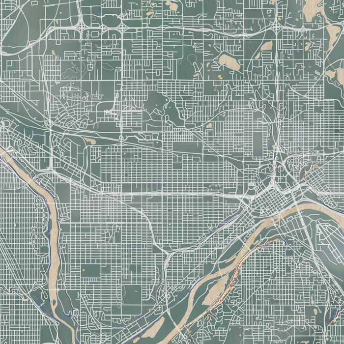 Twin Cities Minnesota Map Print in Afternoon Style Zoomed In Close Up Showing Details