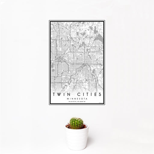 12x18 Twin Cities Minnesota Map Print Portrait Orientation in Classic Style With Small Cactus Plant in White Planter