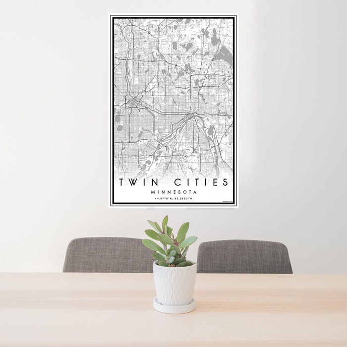 24x36 Twin Cities Minnesota Map Print Portrait Orientation in Classic Style Behind 2 Chairs Table and Potted Plant