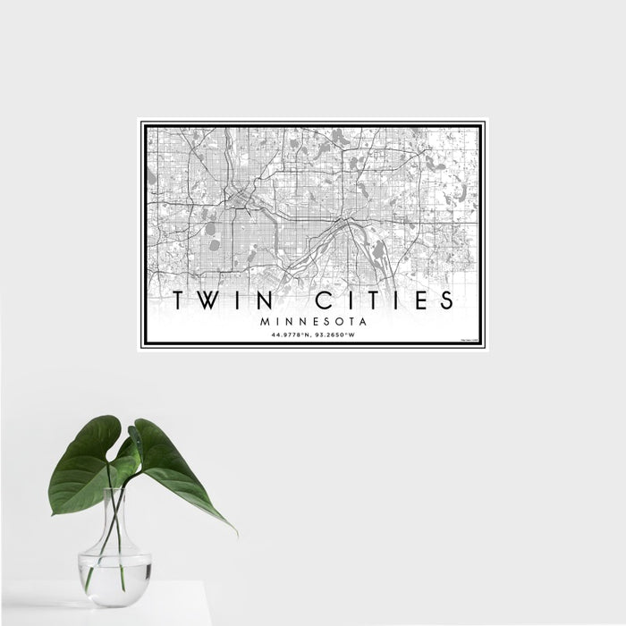 16x24 Twin Cities Minnesota Map Print Landscape Orientation in Classic Style With Tropical Plant Leaves in Water