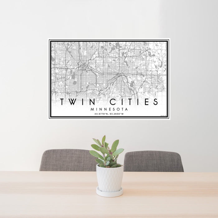 24x36 Twin Cities Minnesota Map Print Landscape Orientation in Classic Style Behind 2 Chairs Table and Potted Plant