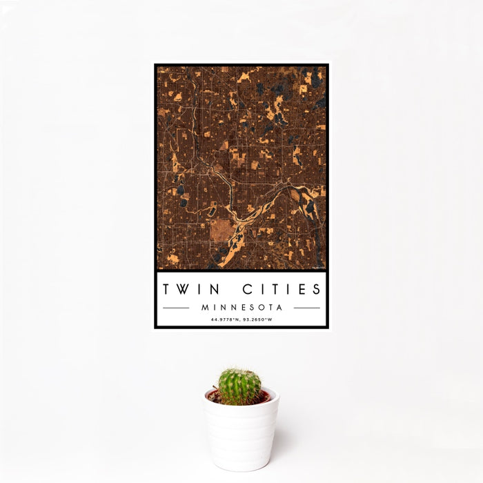 12x18 Twin Cities Minnesota Map Print Portrait Orientation in Ember Style With Small Cactus Plant in White Planter