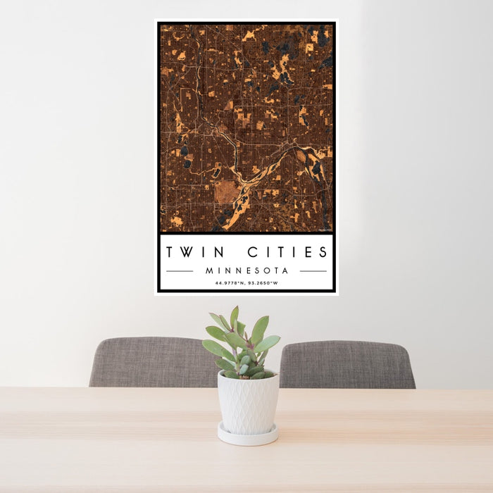 24x36 Twin Cities Minnesota Map Print Portrait Orientation in Ember Style Behind 2 Chairs Table and Potted Plant