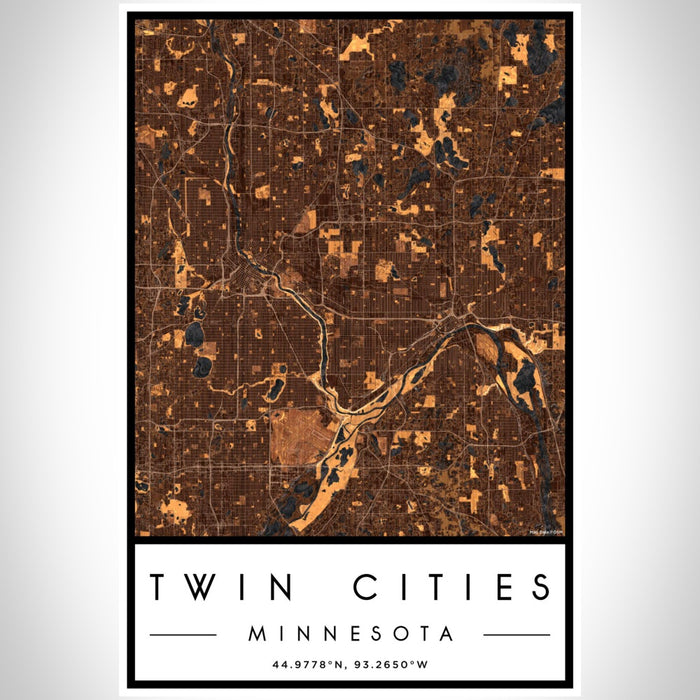 Twin Cities Minnesota Map Print Portrait Orientation in Ember Style With Shaded Background