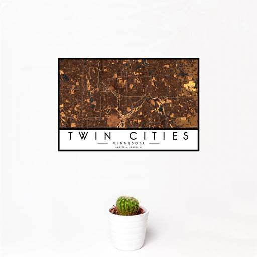 12x18 Twin Cities Minnesota Map Print Landscape Orientation in Ember Style With Small Cactus Plant in White Planter