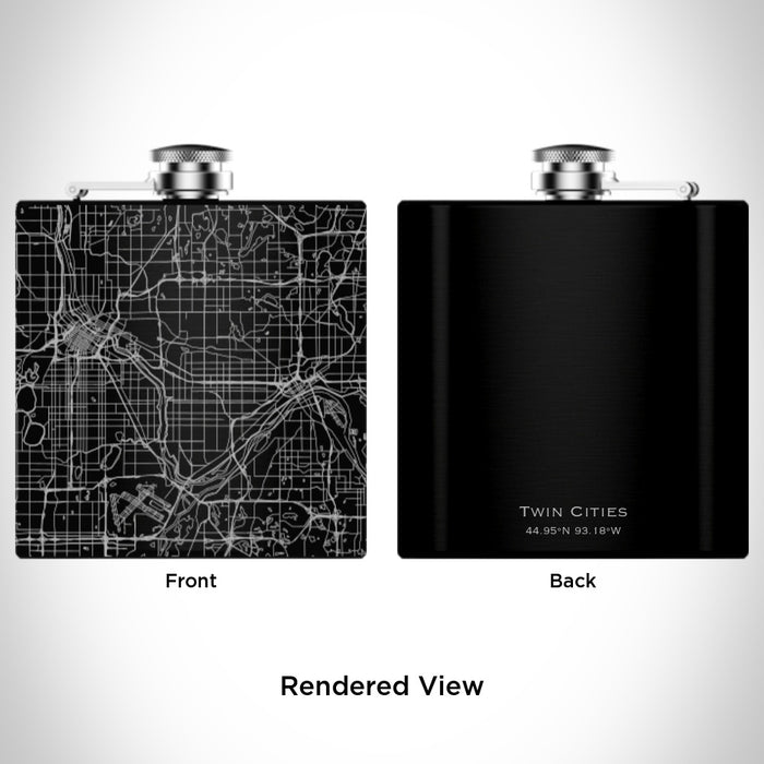 Rendered View of Twin Cities Minnesota Map Engraving on 6oz Stainless Steel Flask in Black