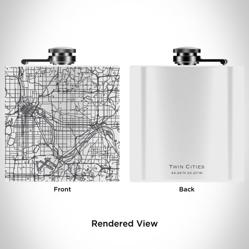 Rendered View of Twin Cities Minnesota Map Engraving on 6oz Stainless Steel Flask in White