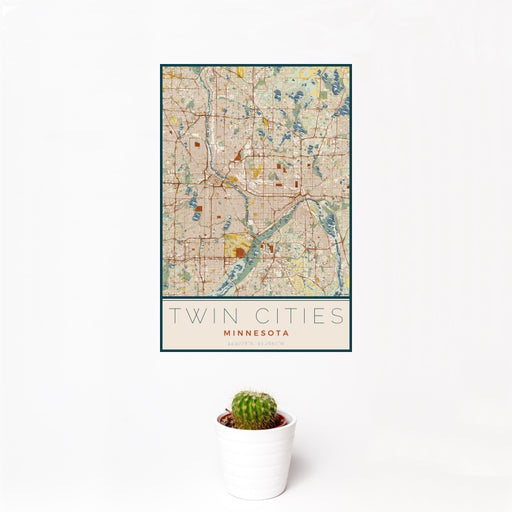 12x18 Twin Cities Minnesota Map Print Portrait Orientation in Woodblock Style With Small Cactus Plant in White Planter