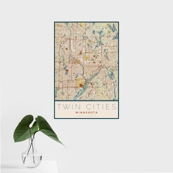 16x24 Twin Cities Minnesota Map Print Portrait Orientation in Woodblock Style With Tropical Plant Leaves in Water