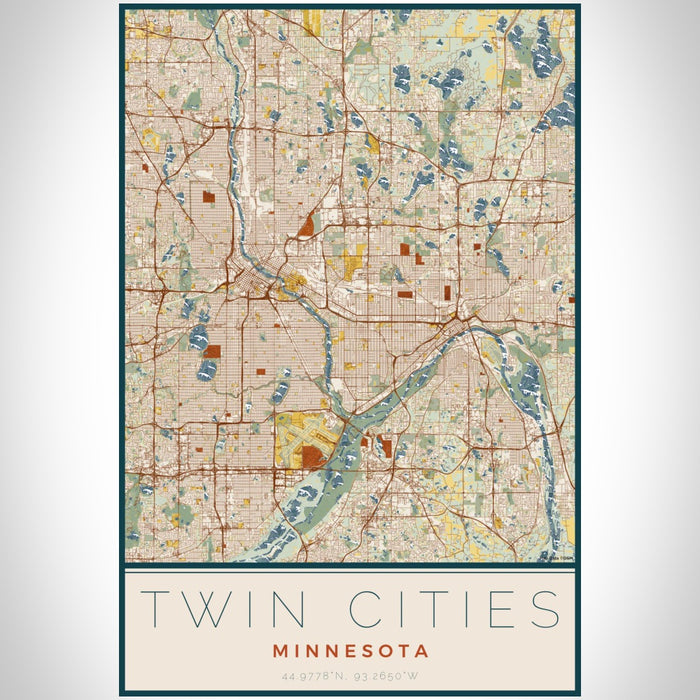 Twin Cities Minnesota Map Print Portrait Orientation in Woodblock Style With Shaded Background