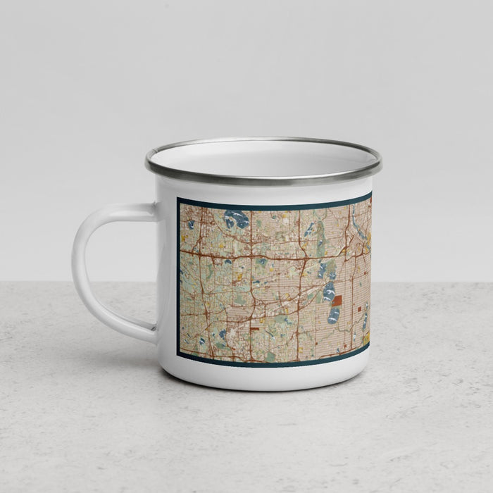 Left View Custom Twin Cities Minnesota Map Enamel Mug in Woodblock