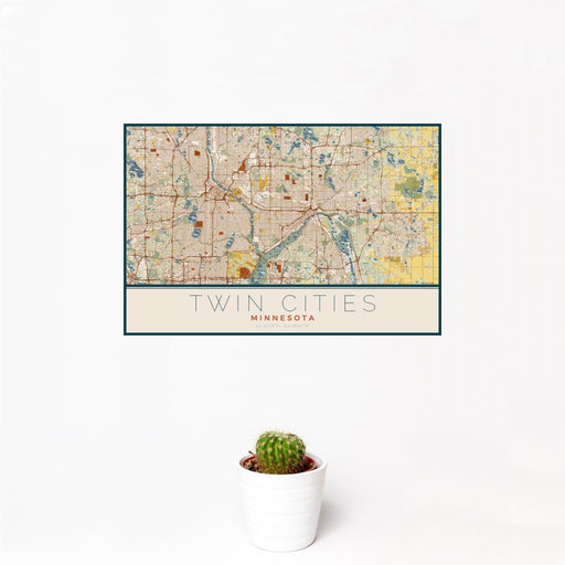 12x18 Twin Cities Minnesota Map Print Landscape Orientation in Woodblock Style With Small Cactus Plant in White Planter